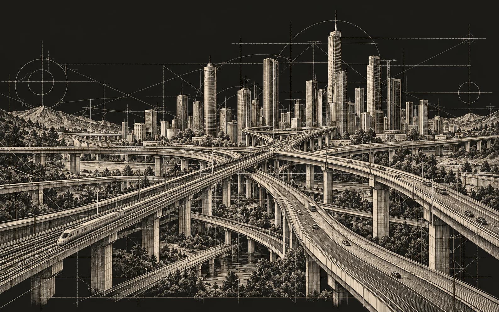 Engraving of roads and rail lines converging on an interchange in front of a city of towers.