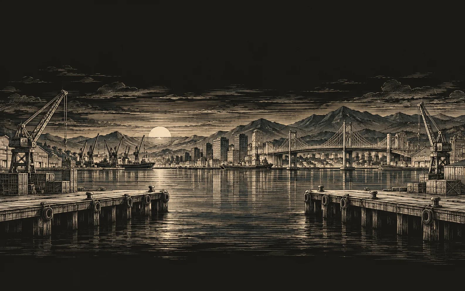 Engraving of a harbour city with cranes, a bridge and two piers reaching toward each other.
